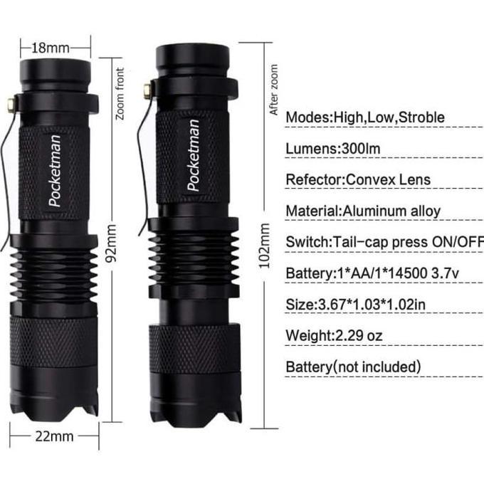 (Allthebest) Pocketman Senter LED Flashlight Police SWAT Mini Zoom Camping Anti Air