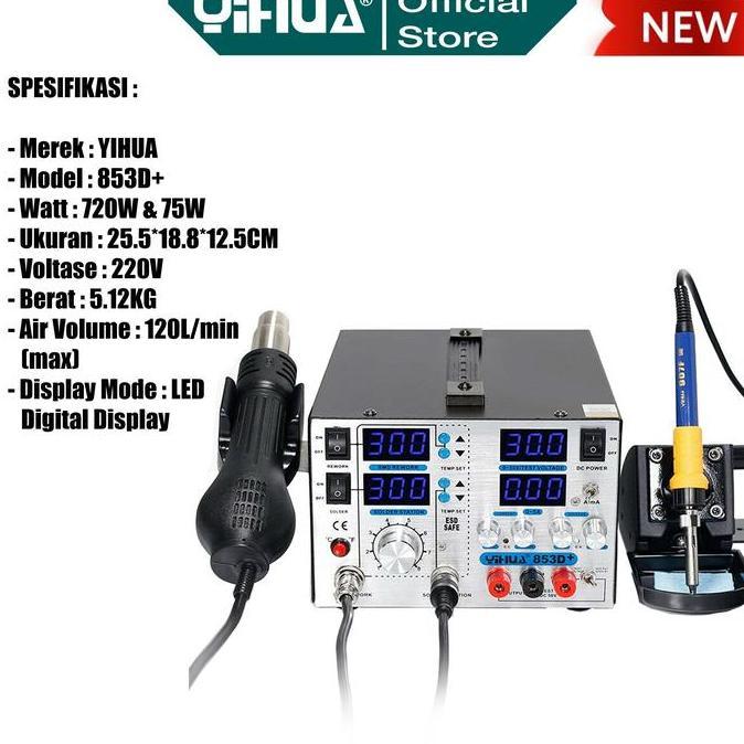 PROMO Yihua 853D+ Blower Solder Uap 3 IN 1 Soldering Station Power Supply 5A