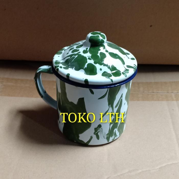 MUG 9 CM LURIK BLIRIK BLURIK CANGKIR TUTUP ENAMEL GELAS KALENG JADUL