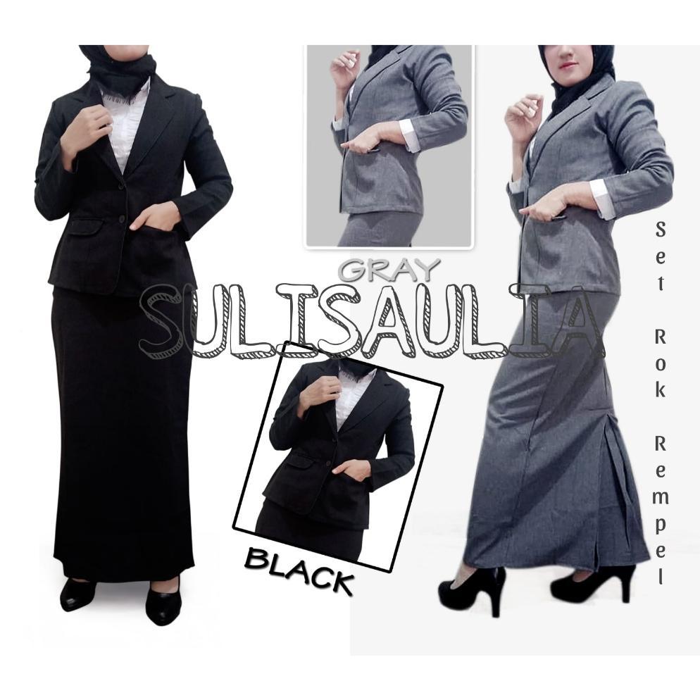 PREMIUM ONE SET SETELAN BLAZER ROK SPAN REMPEL WANITA PANJANG STELAN JAS KERJA KANTOR POLOS CEWE DEW