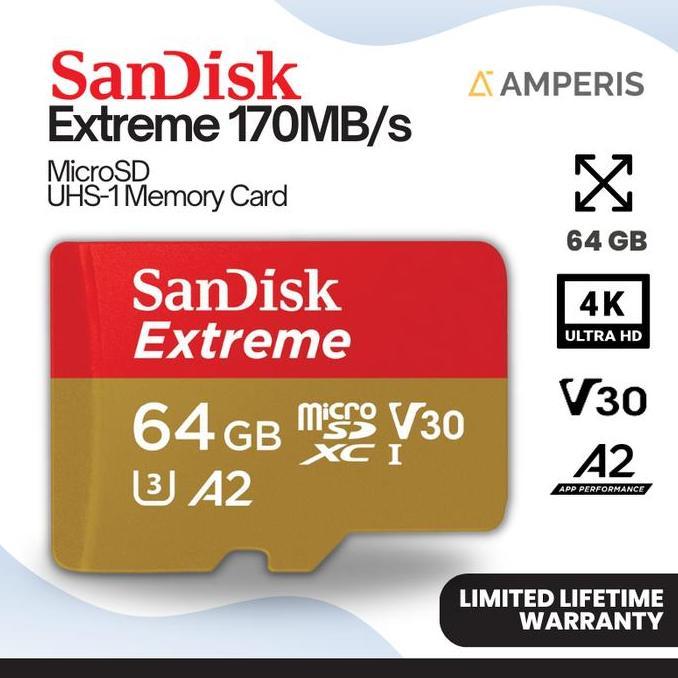 NEW SANDISK Extreme MicroSDXC 64GB 4K UHS-1 C10 U3 V30 A2 170 MB/s for Drone Camera CCTV Smartphone