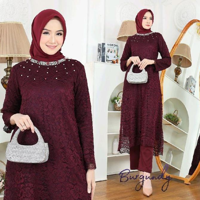 SETELAN ASTERIA Tunik brukat dan Celana L-XXXL 12w cantik mewah wanita Muslim Atasan Mutiara Maxi Ba