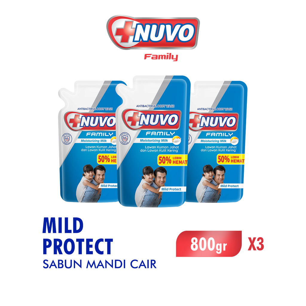 Nuvo Family Sabun Mandi Cair Biru Mild Protect Antibacterial Pouch 800 gr x3
