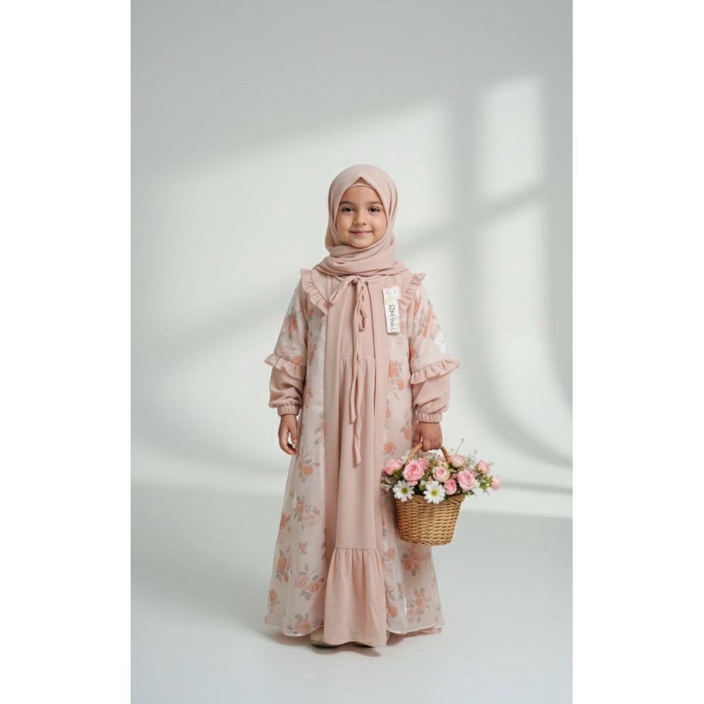 Thirka Kids - Gamis Anak Set Jilbab Bahan Organza Bordir / Abaya Anak Set Hijab