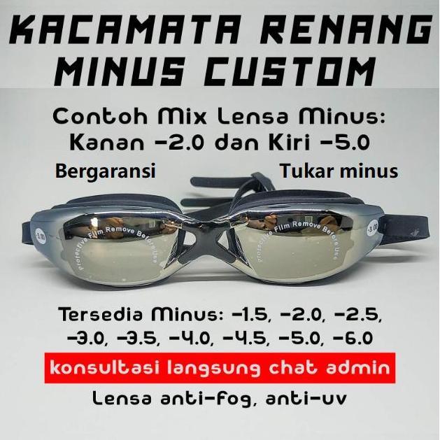 Promo Kacamata Renang Minus 1 2 3 4 5 6 7 8 Lensa Mirrorles Custom Minus