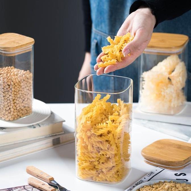 EZRARYA Toples Kaca Kotak Tutup Bambu L