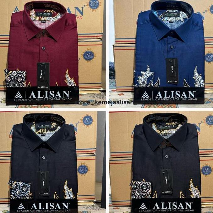Kemeja Batik Alisan Slimfit Lengan Panjang Motif Tosca Biru Maroon Hitam