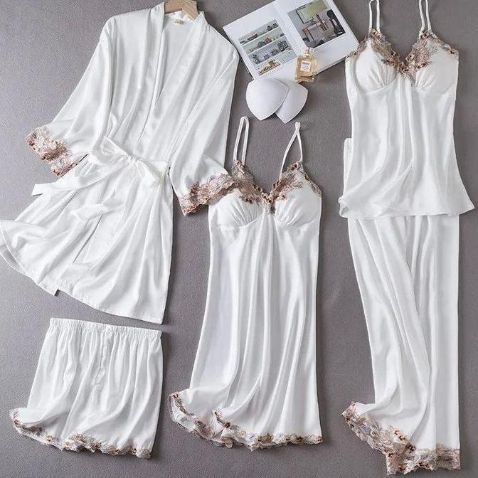 Piyama Set Baju Tidur BS-7799 Kimono 5 in1 Wanita Sexy Baju Rumah Sleepwear Satin Premium Black Miau