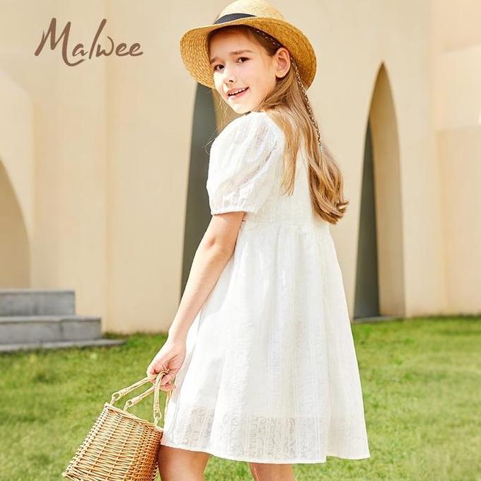 DV96 - Malwee 2-10 Tahun Dress Anak Perempuan Putih Brokat Motif Lembut Model Puff Sleeve Ukuran NT0