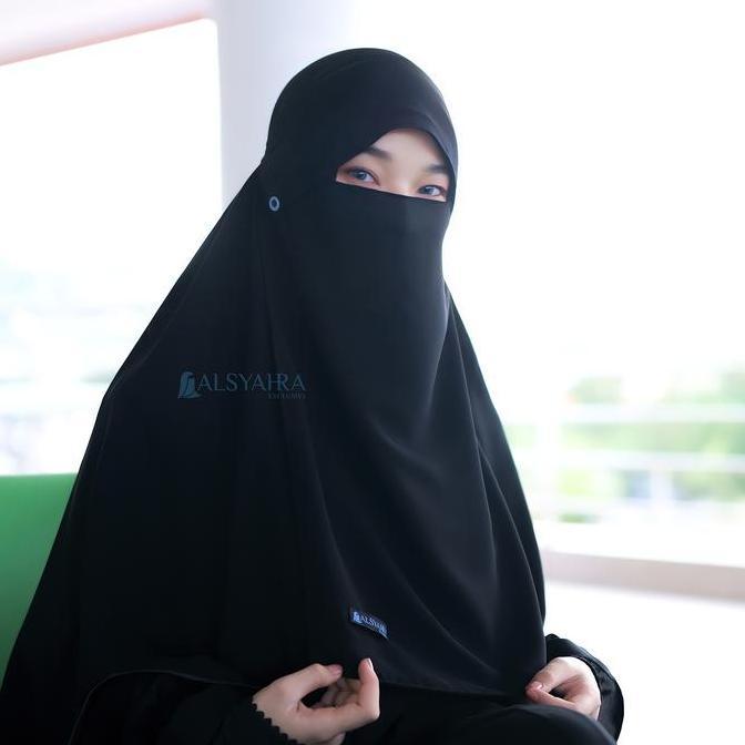 Terpopuler- Niqab Poni Kancing Raudhah Sifon Silk Jetblack Alsyahra Exclusive Muslim Wanita Hitam Pe