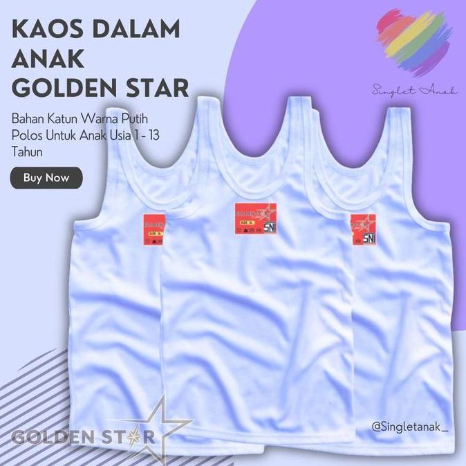 DV187 >> 6 Pcs Singlet Kaos Dalam Anak - Anak ABG  Golden Star Putih - Singlet Kaos dalam Anak laki 