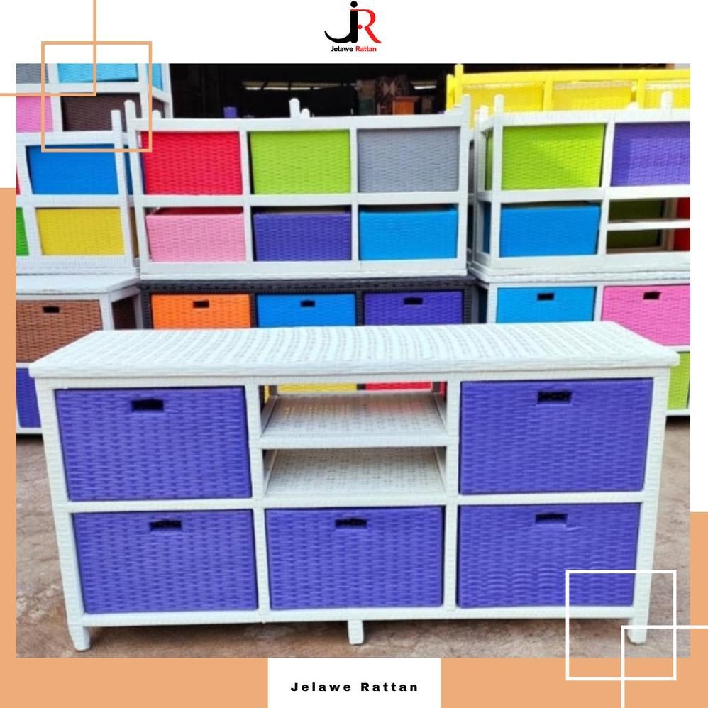 Meja TV DVD Rotan Sintetis Rak Bufet Laci 2 Susun Serbaguna