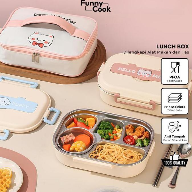 [PINK] FREE TAS Lunch box kotak makan Set stainless 304 sekat 4/5 1500ml anti tumpah sendok garpu St