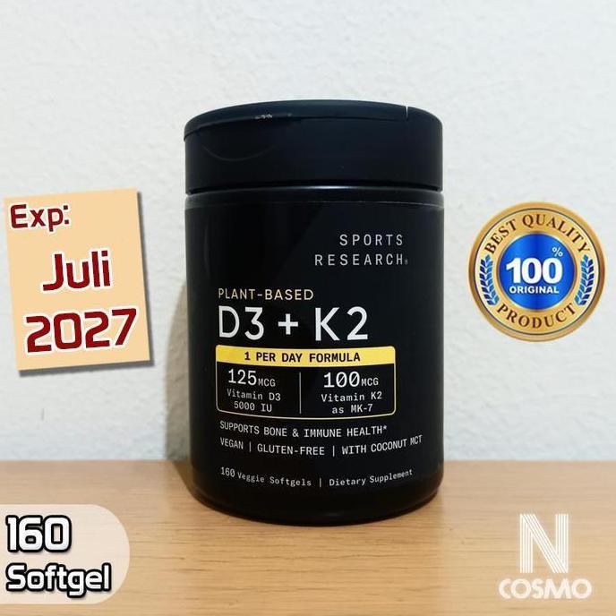 Sports Research D3 + K2 160 Veggie Softgels with Coconut MCT Oil 125 mcg 5000IU D3 125mg K2 100mg