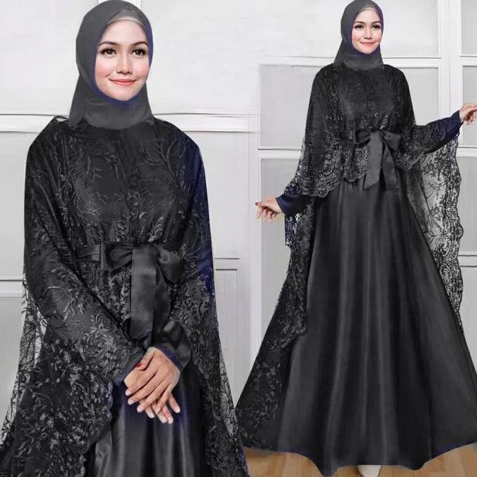 ARELINA hitam gamis pesta premium satin brokat tile ami ktf