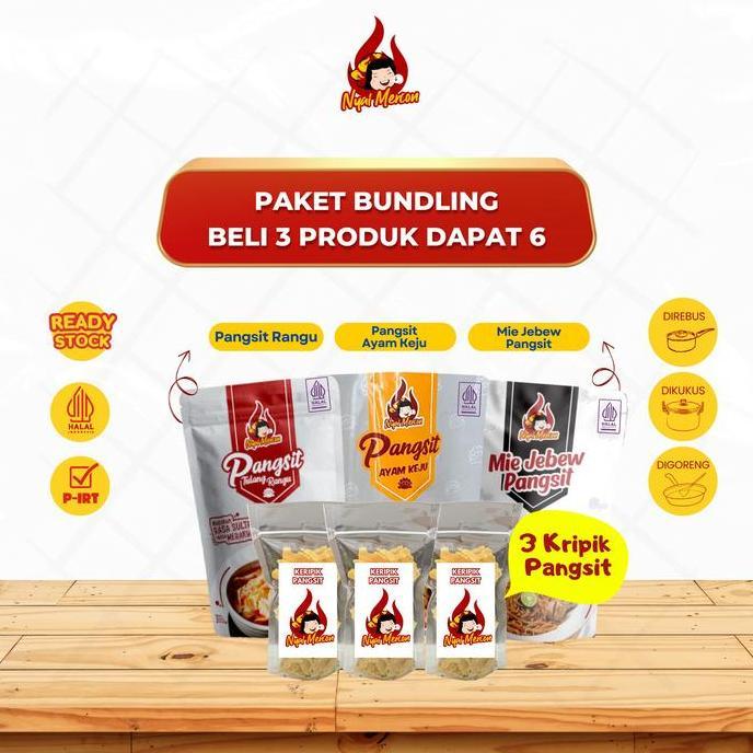 Nikmat- Paket Beli 3 Dapat 6 (Pangsit Rangu, Pangsit Keju, Mie Jebew + 3 Free Kripik Pangsit) Nyai M