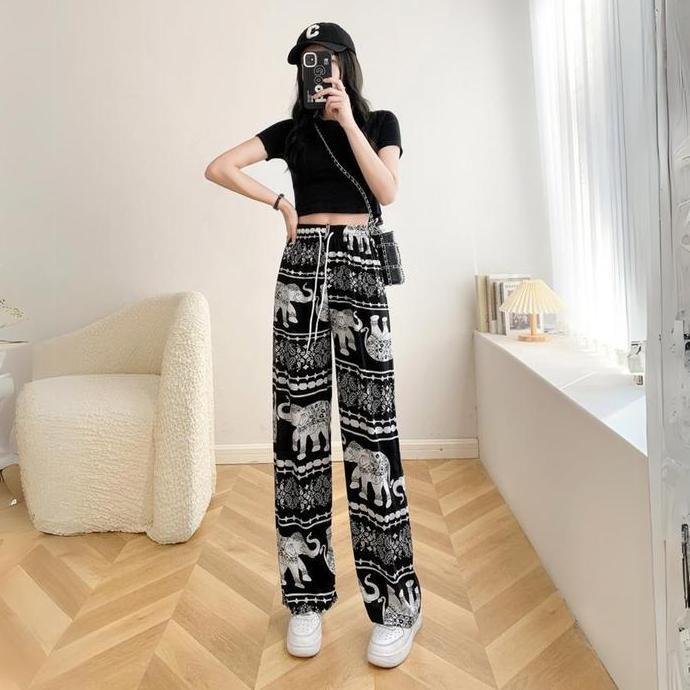 Yurima- Clova Cpg458 Celana Motif Kulot Wanita Santai Gambar Gajah Bahan Rayon Halus Panjang Katun S