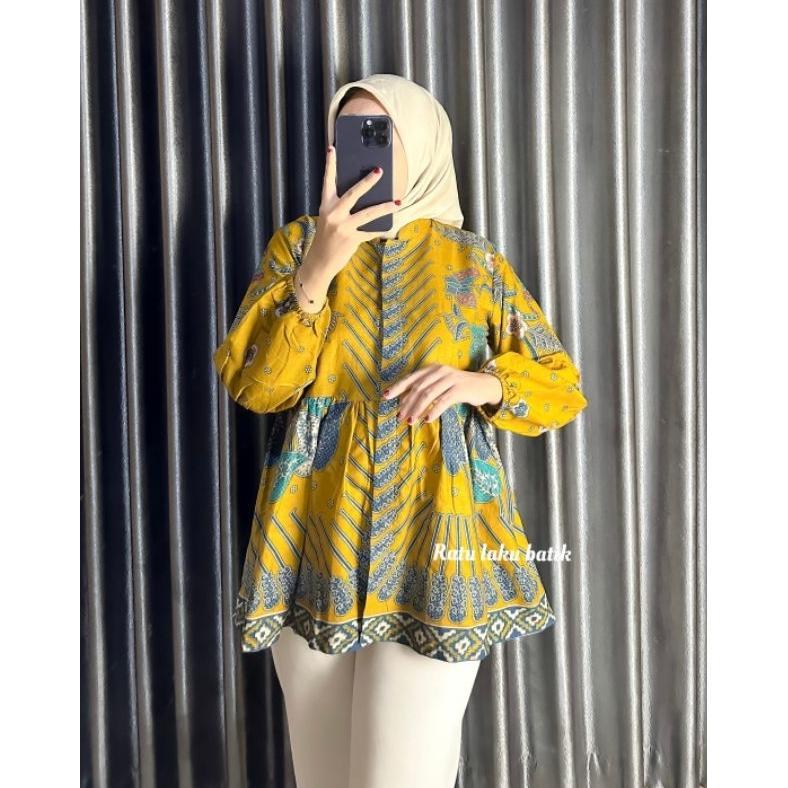 FREE ONGKIR ATASAN BATIK WANITA BLUS BATIK LENGAN BALON MODEL PEPLUM PAYUNG BLUS TERBARU