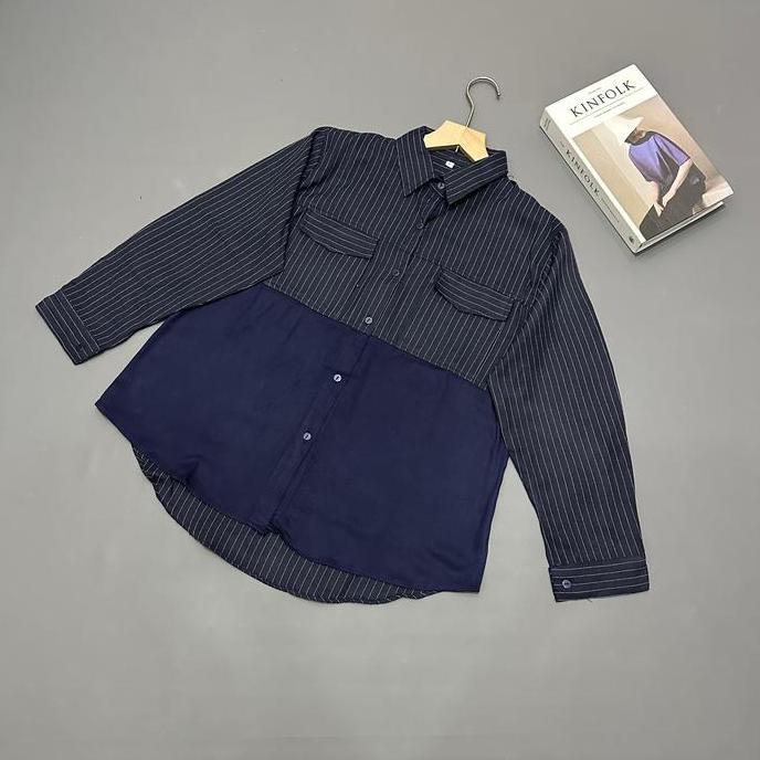 Topyoux- Luna Blouse Kombinasi - Kemeja Blouse Salur Mix Rayon Twill Premium - Atasan Wanita