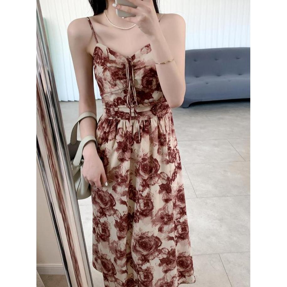 Promo 7848 dark red dress korean style vintage long tanpa lengan jumbo dress panjang wanita kekinian