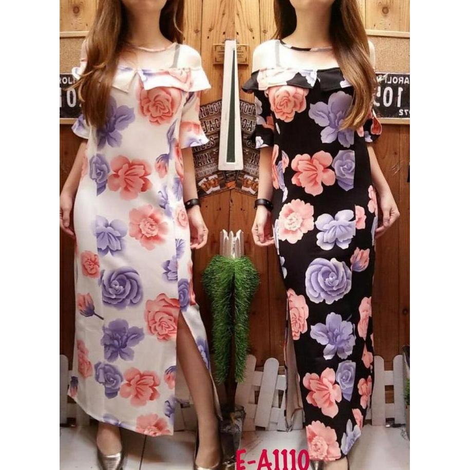 Promo #1110, MEDIUM DRES BAHAN SCUBA MOTIF BUNGA Dress  Wanita  Casual Pendek Baju Diskon