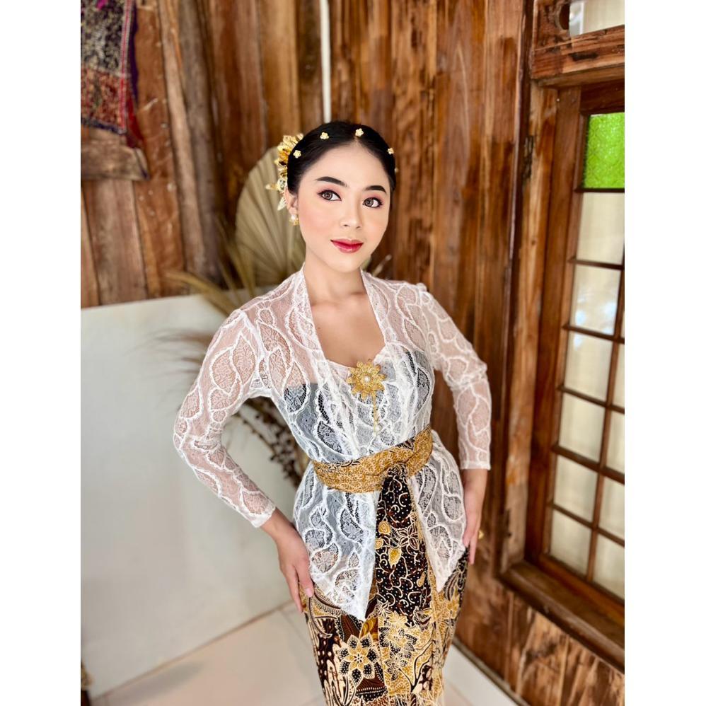 BESTPROMO Kebaya Brokat Putih Bunga-Bunga Katun M-XL