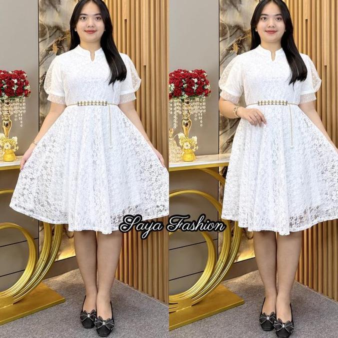 Promo Midi Dress Brokat Polos Putih Free Belt 51170 Baju Dress Pesta Kasual Diskon