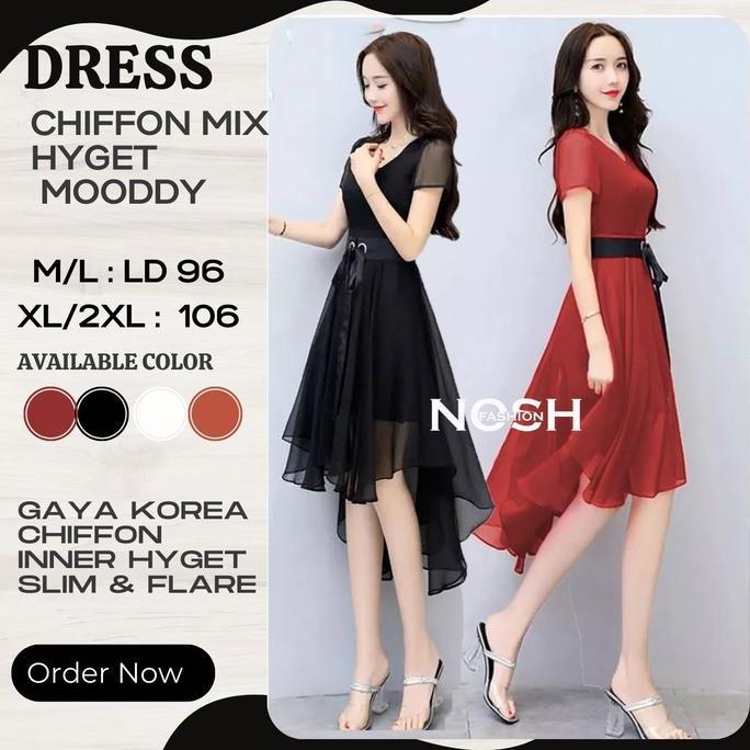 Promo Midi Dress Korea lengan pendek sifon Wanita Mauddy Rok Korea NOSH Diskon