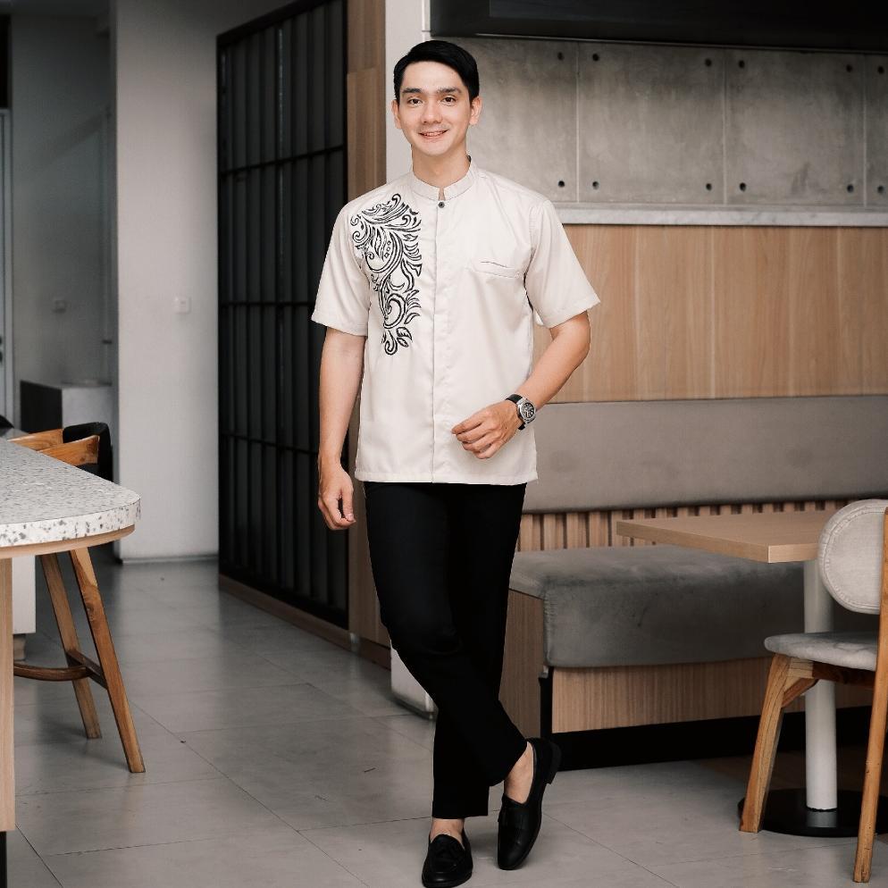 DISKON BASTOH BAJU KOKO PRIA LENGAN PENDEK KEMEJA KOKO BORDIR GOLD MARU HITAM DEWASA