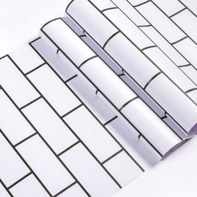 Cat- Wallpaper Sticker Dinding Motif Bata Putih 3D List Hitam 45Cm X 10M