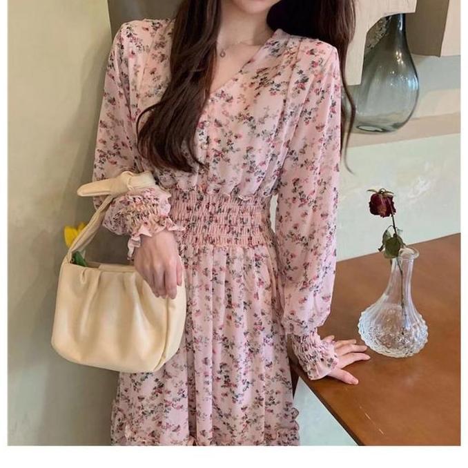 Promo [JESSICA]Dress motif tunik bunga sifon lengan panjang Korean Style Casual Wanita Diskon