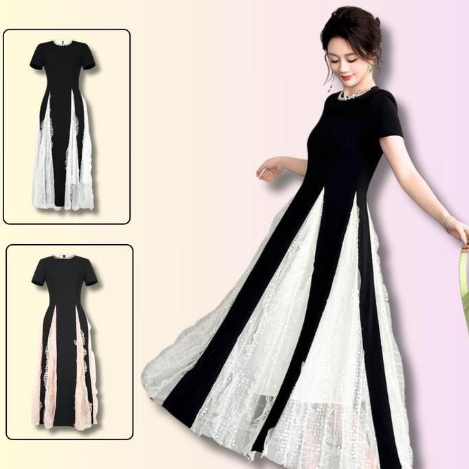 Promo FOLADY - P692 Dress Maxi Baju Wanita Lengan Pendek Hiasan Mutiara bagian Leher Kerah Bulat Mew