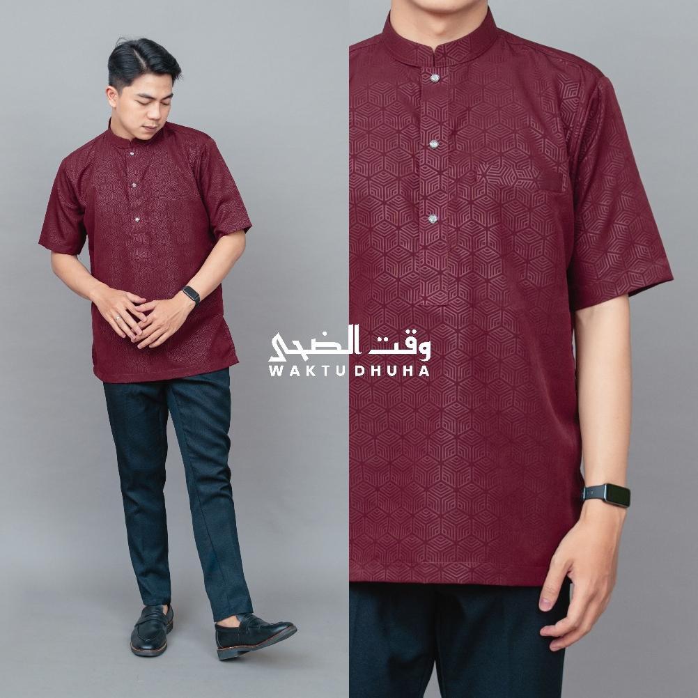DISKON WAKTU DHUHA - KOKO DHUHA BAJU MUSLIM PRIA LENGAN PENDEK MOTIF EMBOSSE HEXAGONAL