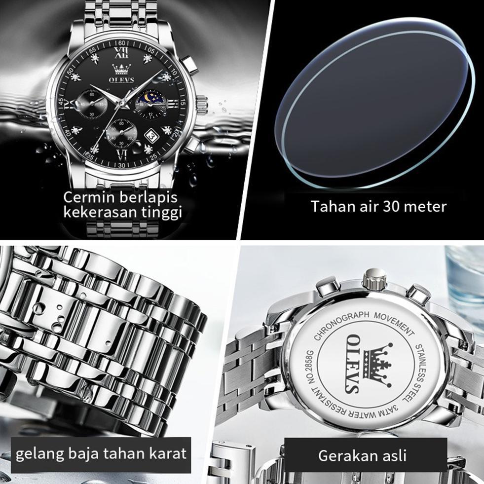 GARANSI OLEVS Jam Tangan Pria Anti Air Original Stainless Steel Chrono Aktif Cowok Luminous Kalender