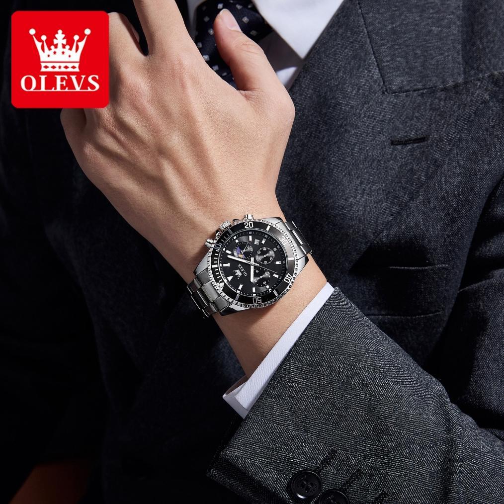 OFFICIAL OLEVS Jam Tangan Pria Anti Air Original Tahan Keren Luxury Led Analog Stainless Steel Chron