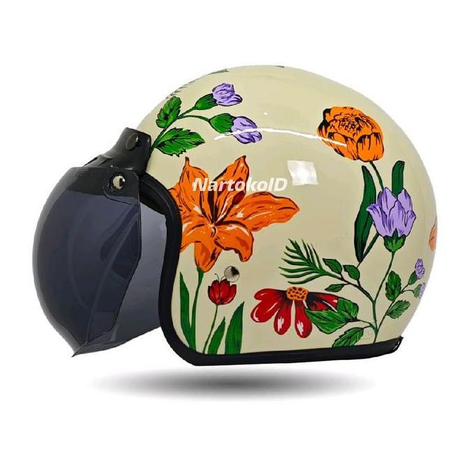Cod,Bisa- Helm Bogo Wanita Azalea Aesthetic Helm Bogo Motif Bunga Full Leher Sni Flat Visor