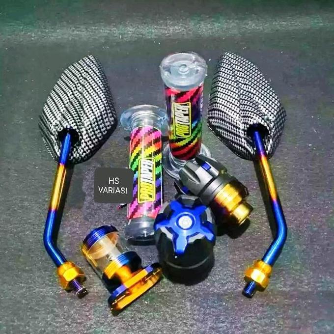 DR228 >> paket 4in1 item spion Yamaha twotone+ hangrip pelangi+Jalu as twotone+stempel kaca twotone 