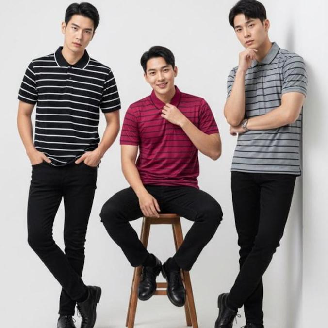 PM |PAKET 3 PCS Kaos kerah salur semi cotton cocok untuk pria & wanita | Kaos kerah pria distro stri