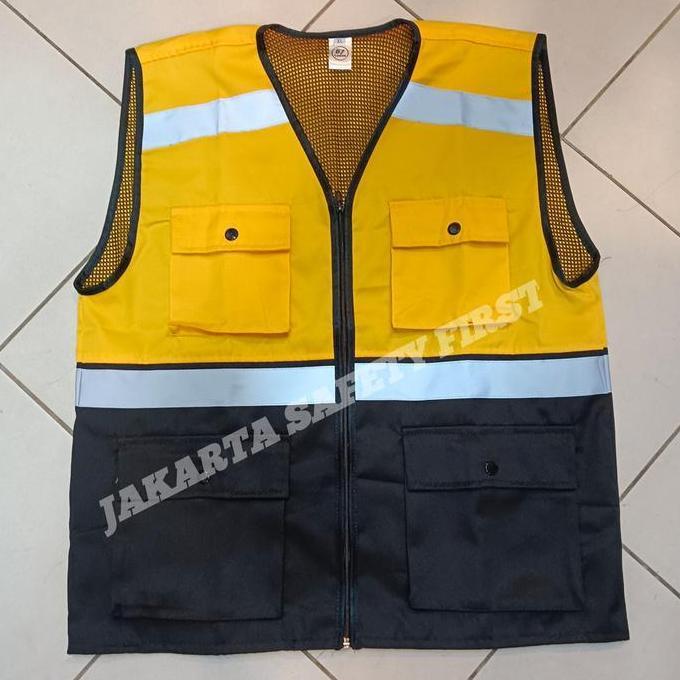 TERBARU - Rompi Safety Kombinasi Kuning Hitam / Rompi Drill Kuning 4 Kantong