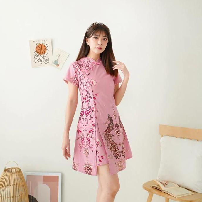 Dress Batik Cheongsam Warna Soft Pink Dres Katun Baju Wanita Natal Imlek