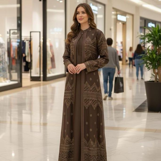 Hokywoi- Gamis Melly Kombinasi Motip Tile Sapto Mix Satin Cristal