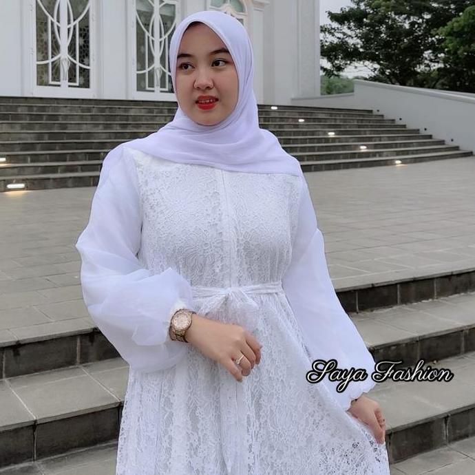 Hokywoi- Gamis Putih Brukat Busui Tangan Organza Putih Polos Baju Maxi Muslim Lebaran 75611