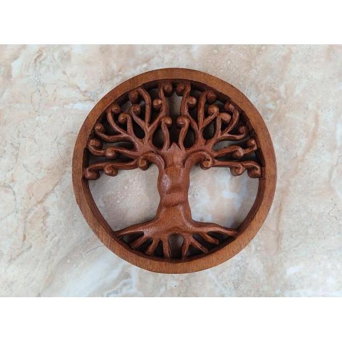 Ukiran Kayu Motif Kamboja Tree Of Life Pohon Bambu Diameter 15cm Handmade Dari Bali