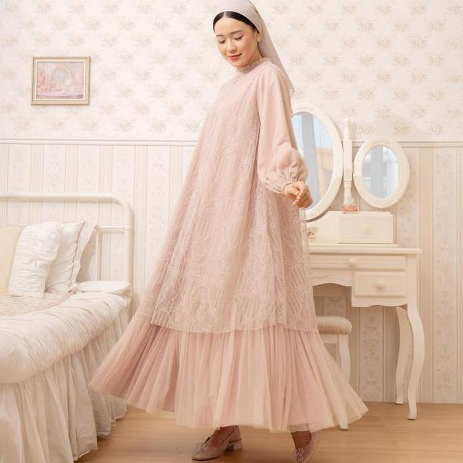 Unik Earthly Allure Hijabchic Syahira Pink Nude Dress - Dress Kondangan Brukat Kombinasi Tulle Elega