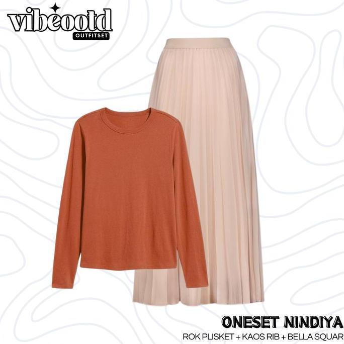 Nindiya Outfit Set Wanita Hijab ( Bawahan Rok Plisket + Baju  Atasan Kaos Rib Knitt Panjang + Bella 
