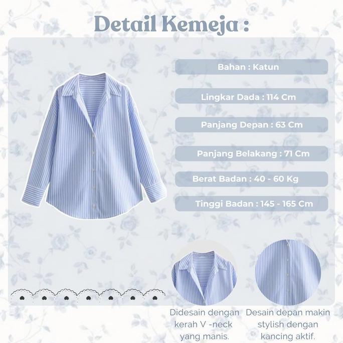 Setelan OOTD Korean Style Remaja | One Set Hangout (Kemeja Kancing Salur Oversize Katun Biru, Rok Je