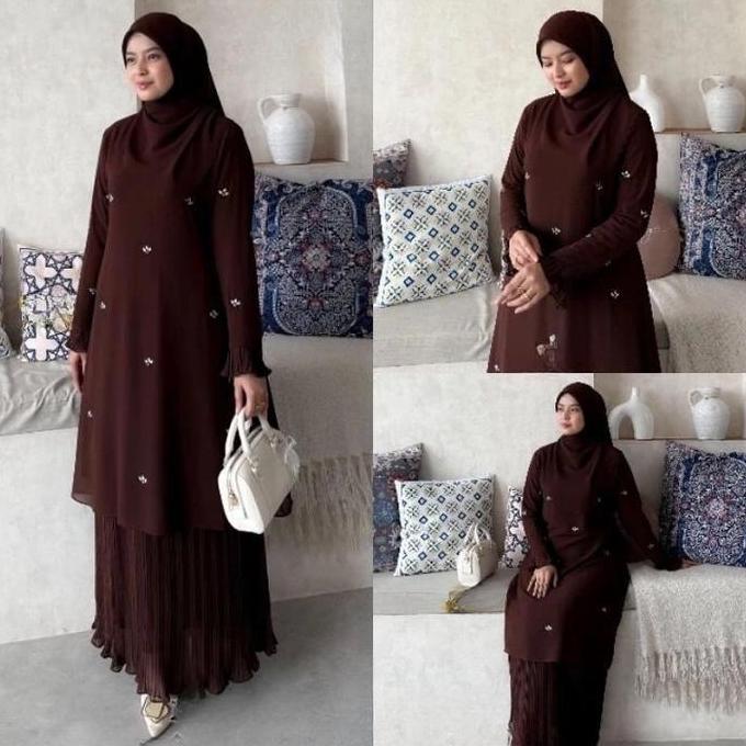 Baju Uzma Set Rok Plisket Atasan Tunik Bahan Ceruty Babydoll Setelan Muslim Wanita Terbaru Dress Fit