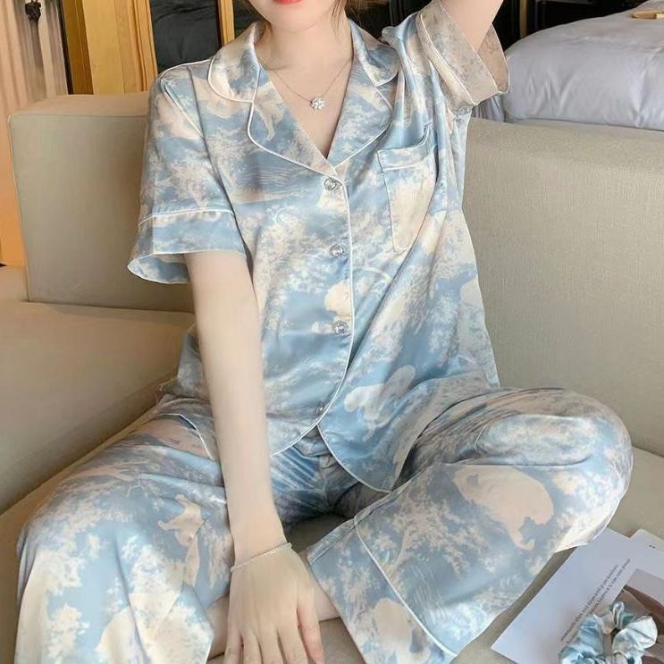 2025 piyama sutra sutra es tie-dye baru piyama wanita sutra manis dan indah angin lengan pendek cela