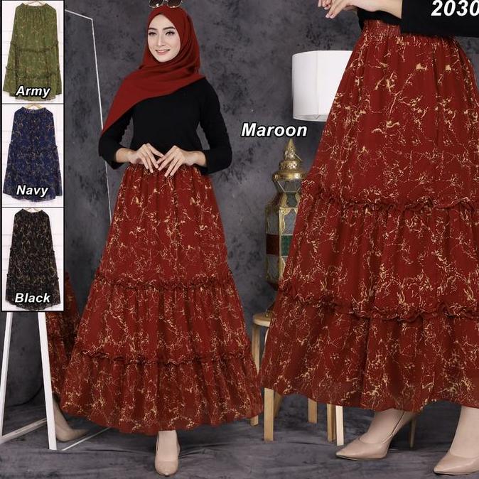 Rok Bahan Ceruty Babadoll Print, Karet Motif Bawahan  Rempel Muslim Wanita Panjang Dewasa
