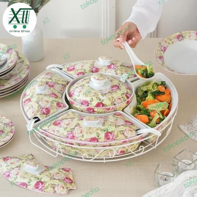 VICENZA HA~14 ROSE Round Roller Bowl Set Wadah Saji Prasmanan 5 Sekat